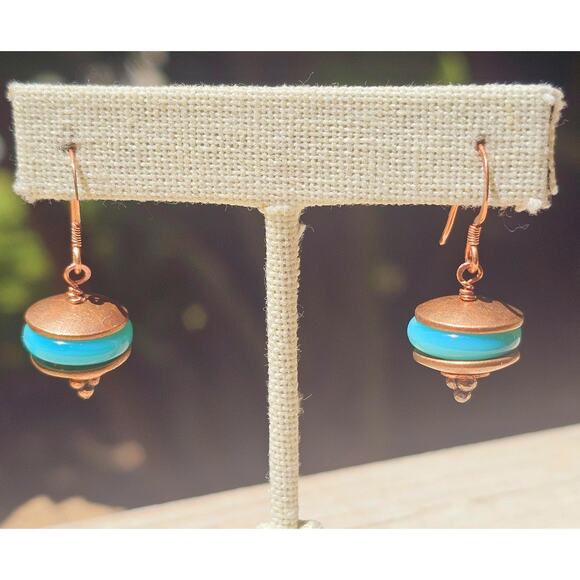 Vintage Turquoise Glass Beads Burnished Copper Disc. Earrings - Picture 1 of 4